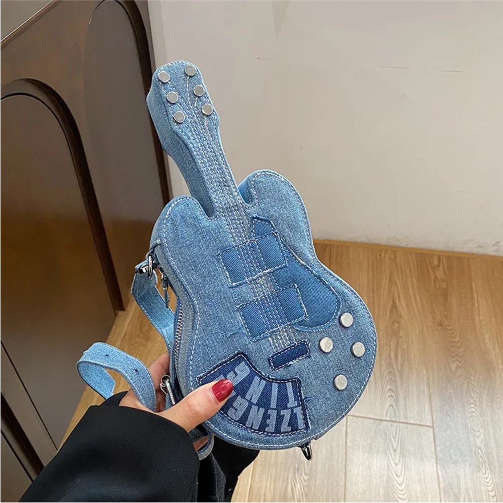 Women Fashion Creative Denim Guitar Shape Zipper Crossbody Bag